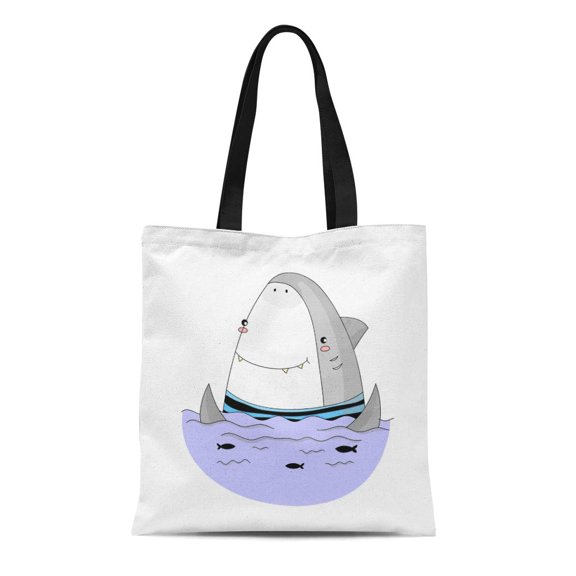 SIDONKU Canvas Bag Resuable Tote Grocery Shopping Bags Happy White Shark in Stripped Sailor Waves Ocean Black Fishes Tote Bag