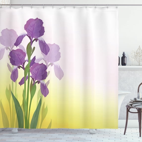 Garden Art Shower Curtain, Flowers of Iris with Green Leaves Gardening Plants Spring Morning, Fabric Bathroom Set with Hooks, 69W X 75L Inches Long, Violet Green and Yellow, by Ambesonne