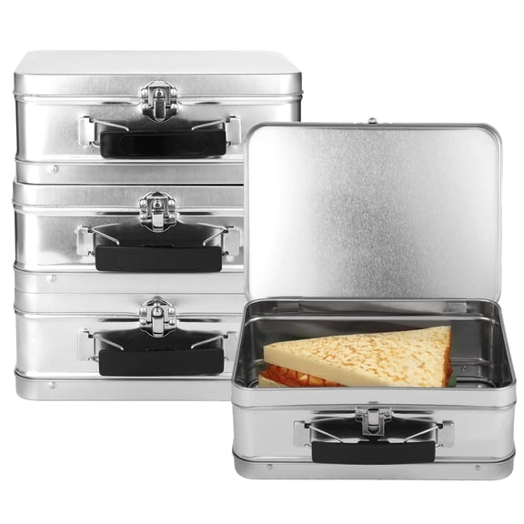 3PCS Metal Lunch Box Set, 8.1" x 5.9" x 3" Silver Tinplate Lunch Boxes with Hinged Lids, Portable Food Containers, Long-lasting & Easy to Clean, Ideal for Students, Office, Picnic