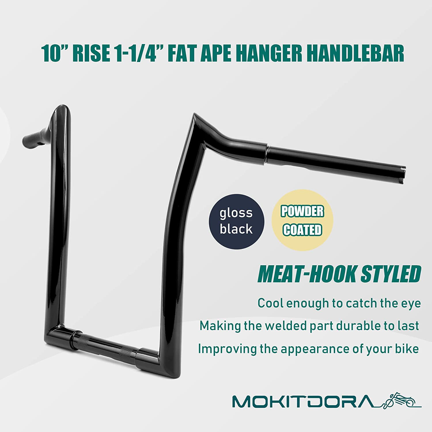 MoKitDora 10” Rise 1-1/4” Fat 1 Clamp Ape Hanger Bar Handlebar Compatible  with 1998-2013 Road Glide 1994-up Road King Harley Sportster Dyna Softail  Touring, Black 