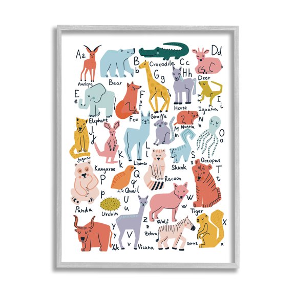 Stupell Industries Various Animal Alphabet Chart Educational Nature Wildlife Graphic Art Gray Framed Art Print Wall Art, Design by Dominika Godette