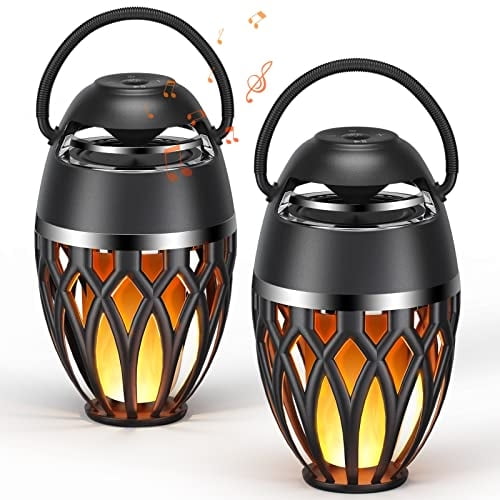 Altavoces Bluetooth para exteriores, 2 unidades, impermeables IPX5 con luz de llama LED. Portátil, Bluetooth 5.0, linterna para decorar patio, piscina, regalo hombre/mujer