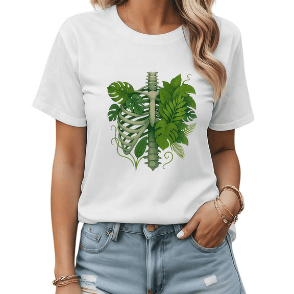 Women's Round Neck Printed Cotton T Shirt Graphic Tees Top Green Bone Chest Plant Casual Loose T Shirt White S-5XL