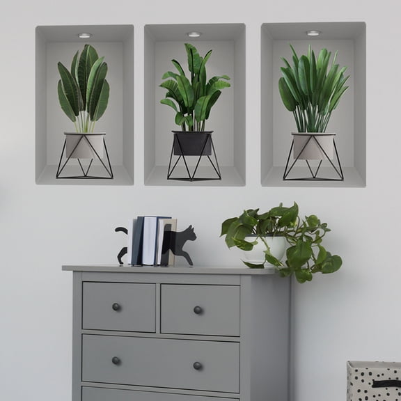 Hxlamzoo Green Plants Wall Sticker, 3Pcs 30 * 30cm 3D Vase Bonsai Wall Sticker DIY Wall Art Mural Decoration Self Adhesive Green Potted Plant Leaves Wall Decals for Home Bedroom Office Background