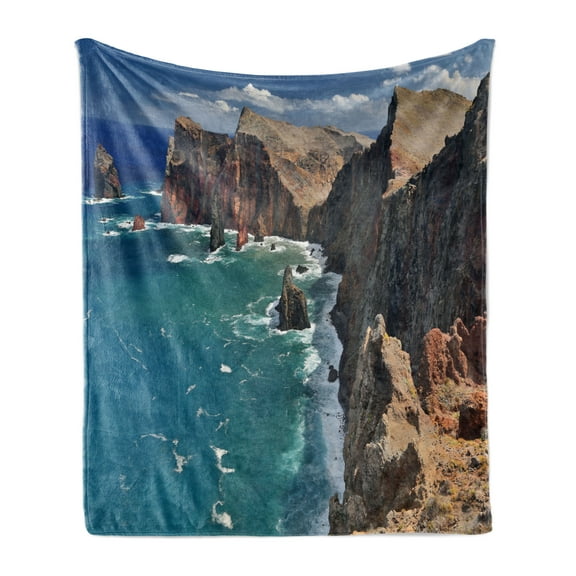 Maritime Soft Flannel Fleece Throw Blanket, Northern Coastline in Portugal Cliffs and Wavy Sea Panorama Photo, Cozy Plush for Indoor and Outdoor Use, 70" x 90", Warm Taupe Petrol Blue, by Ambesonne