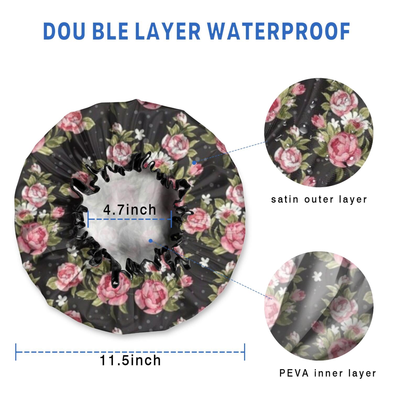 Shower Caps,Pioneer Flower Floral Print Pattern Waterproof Shower Cap for Women 4 Pieces,Double Reusable Hair Cover for Shower PEVA Elastic Stretch Hem
