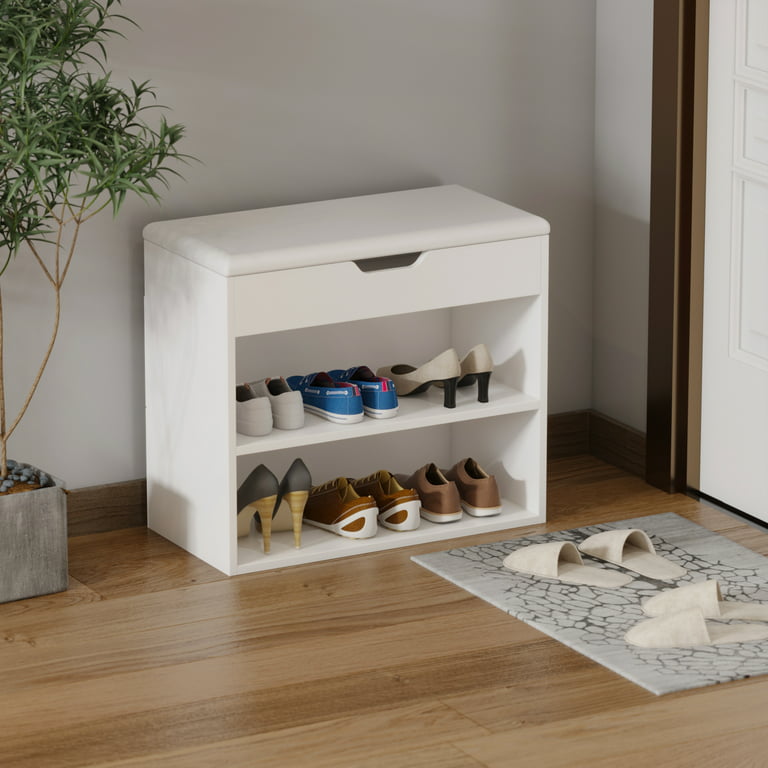 Apicizon Shoe Bench, Entryway Storage Benches, White Shoe Storage with Flip Top and Padded Cushion,Wooden Shoe Bench for Entryway, 2-Tier Shoe Rack