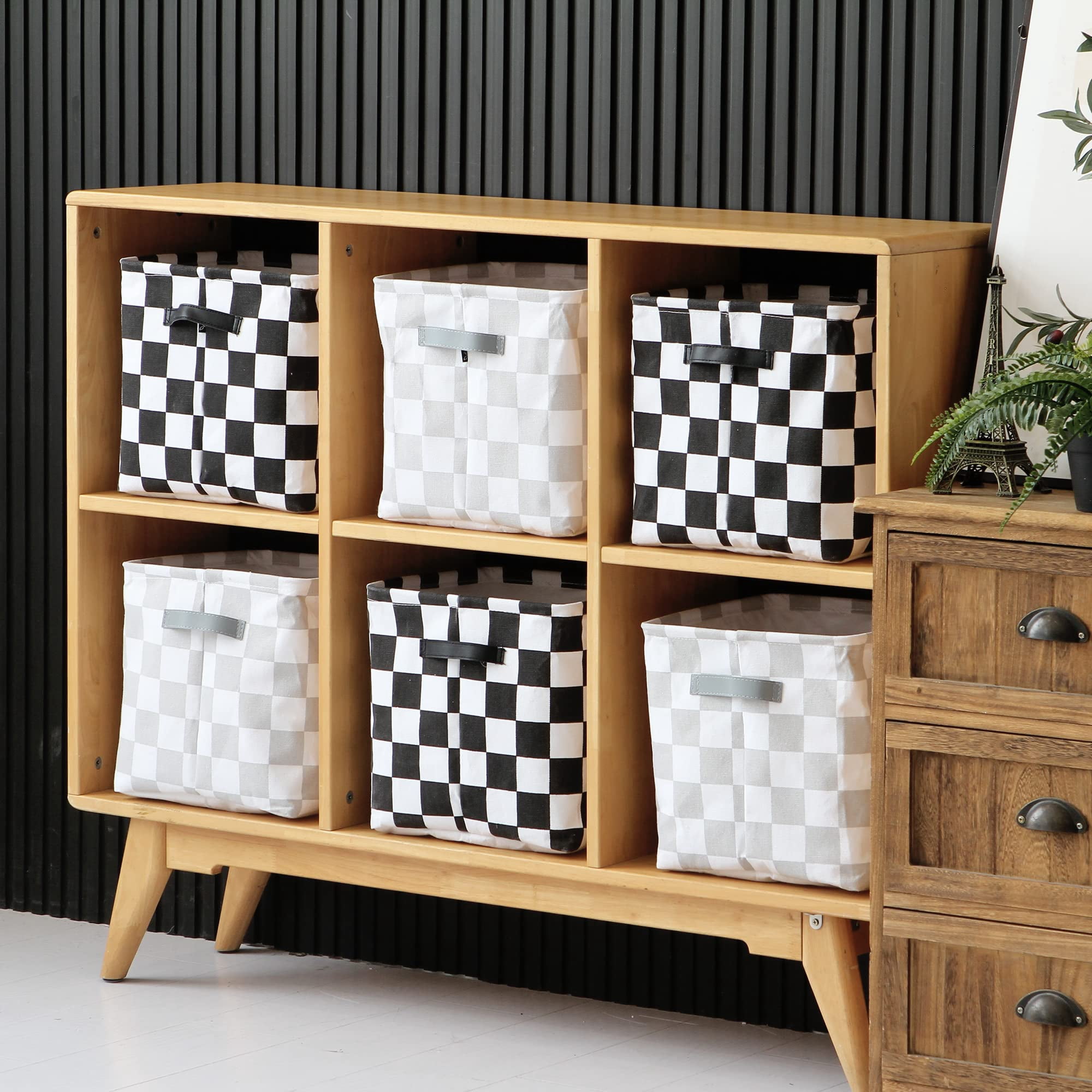 Hinwo 3-Pack Square Organizer Shelf Bins, Canvas Fabric Storage Baskets with Handles & Drawstring Cover, 22L Collapsible Storage Boxes, 11 x 11 x 11 Inches, Black Checkerboard