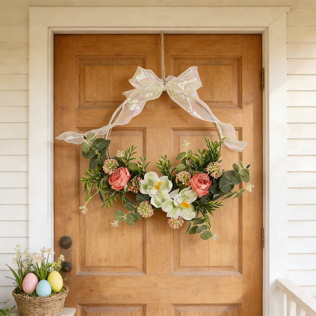 Homekingdee Artificial Floral Wreaths for Easter and Spring Decorations - 19.6 Inch Multicolor Plastic Wreath for Doors and Windows Home Decoration