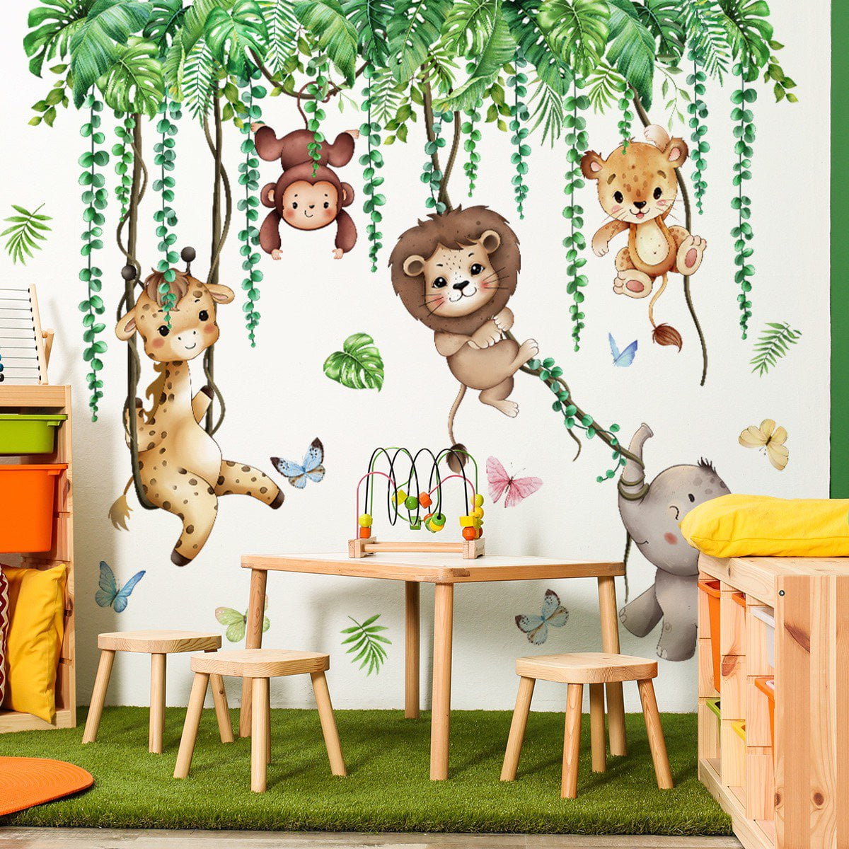 Jungle Animal Tree Branch Wall Decals tree wall decals plant wall Stickers Safari Animal Monkey Lion Wall Stickers DIY Peel and Stick Baby Nursery Kids Bedroom Living Room Wall Decor