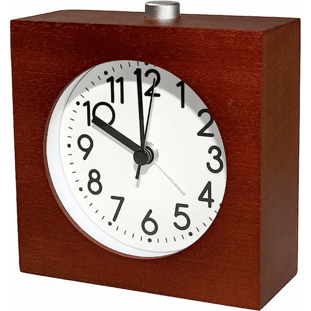 3-inch Wooden Analog Alarm Clock, Square Battery Operated Non Tick Clock,  With Snooze Button And Night Light, Dark Brown