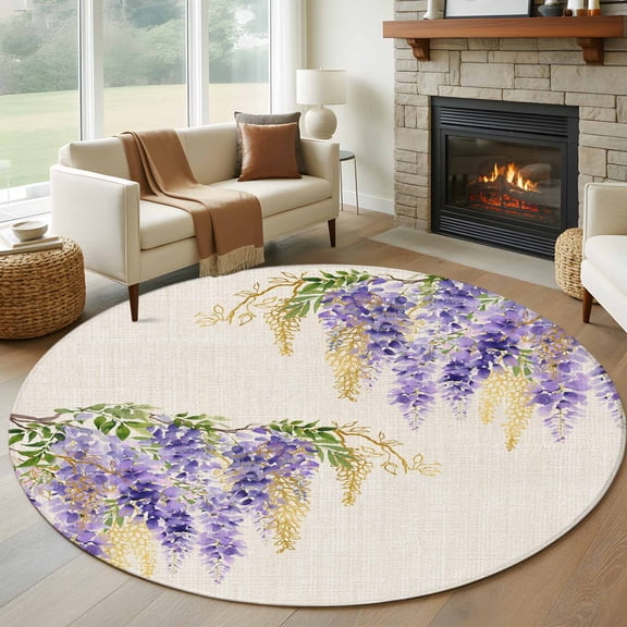 Purple Weeping Floral Round Area Rug 8Ft Washable Large Circle Rugs for Living Room Dorm, Spring Summer Pastoral Flowers Rustic Non-Slip Carpet Floor Mats Indoor Outdoor Carpet Runner Home Decor