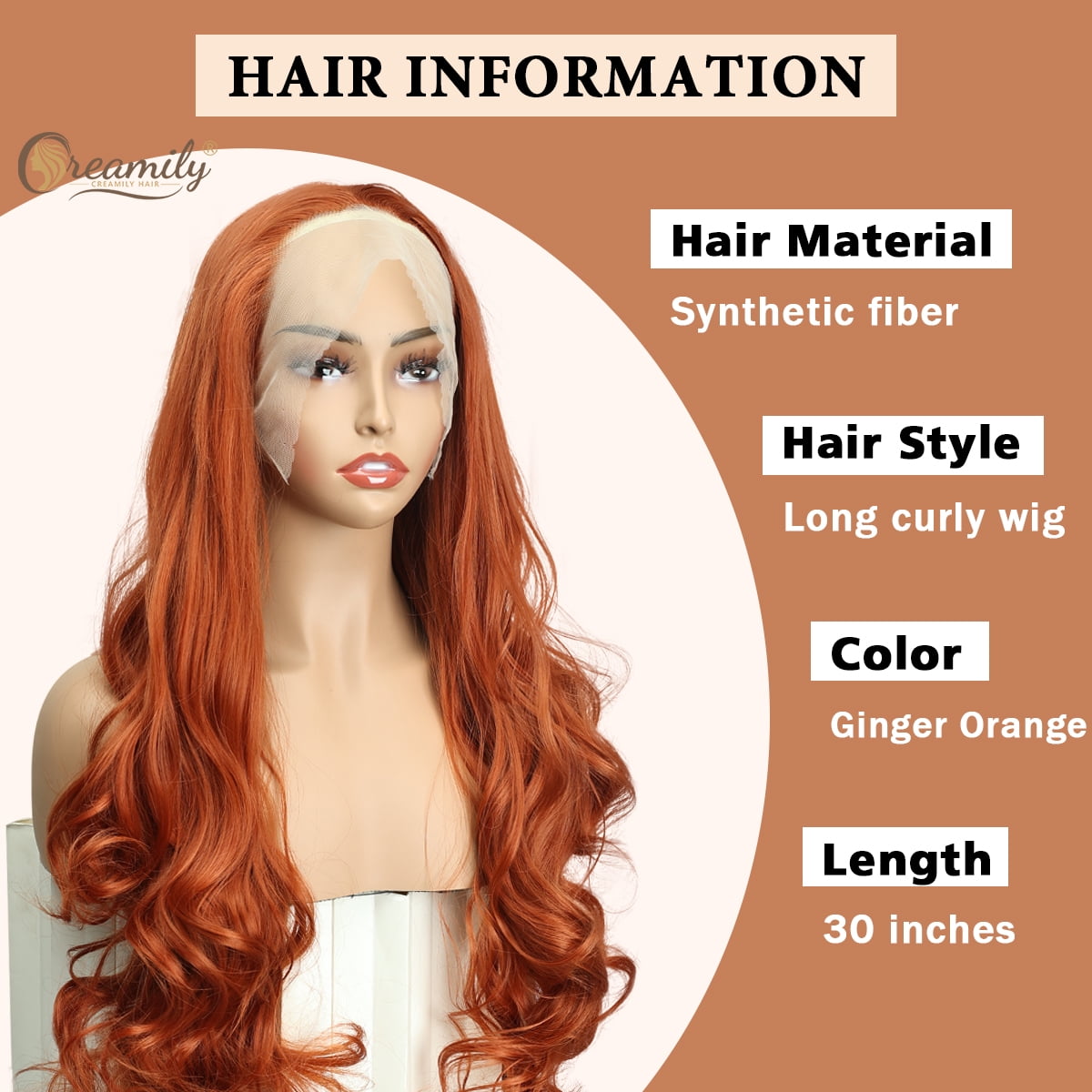 Creamily 26 Inch Lace Front Wigs Free Part Long Wavy Synthetic Glueless Half Hand Tied Lace Wigs For Women（Orange Color ）