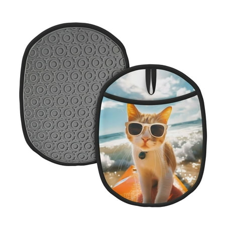 

Qekee Surfing Cat Sun Pattern Silicone Pot Holders Oven Mitts Heat Resistant Hot Pads Non Slip Pot Holder Towel Cloth Interior Lining