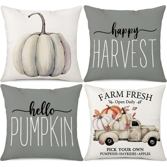 Fall Throw Pillow Covers 18x18 Inches Set of 4 for Fall Decor Gray Pumpkin Truck Happy Harvest Farmhouse Decorative Thanksgiving Autumn Cushion Covers for Sofa Couch