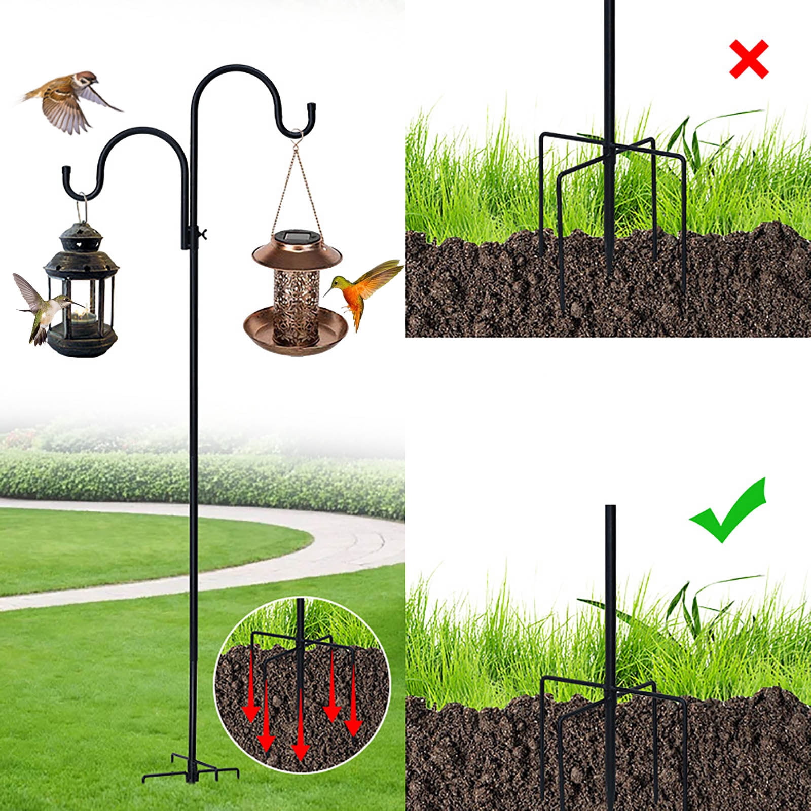 Hxlazmoo Outdoor Hummingbird Feeder Hanging Hook with Double Hooks & 5-Prong Base - Adjustable Garden Iron Bracket for Bird Houses, Planters, Lights (Assembly Required, 160×54cm)