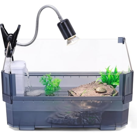 Small Turtle Tank Kit for Aquatic Turtles – Complete Starter Habitat with Filter, UVB Lamp, Basking Platform, Plants – Turtle Aquarium Kit (Black)