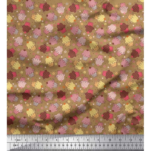Soimoi Brown Cotton Voile Fabric Dot,Floral & Cupcakes Food Print Fabric by the Yard 42 Inch Wide