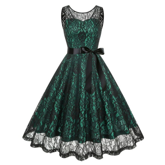 Women's Sleeveless Lace Belted Party Dress A Line Vintage Midi Dress for Evening Green L