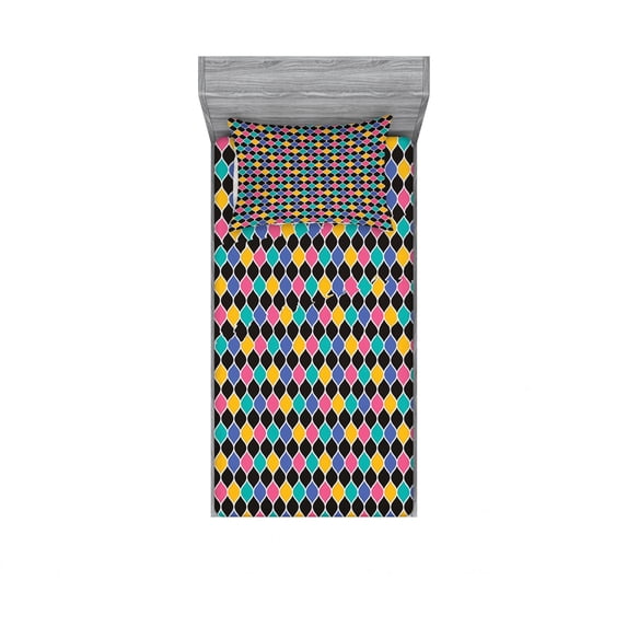 Geometric Bedding Set with Sheet & Covers, Abstract Design of Interlinked Ogee Pattern with Bold White Borders Shaded Effect, Printed Bedroom Decor 2 Shams, 4 Sizes, Multicolor, by Ambesonne
