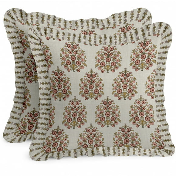 Vargottam Throw Pillow Covers Set of 2 - 100% Cotton Twill, Frilled Edge, Double Sided Print, 18 x 18 Inch Decorative Cushion Covers, Hidden Zip, No Filler - Block Print