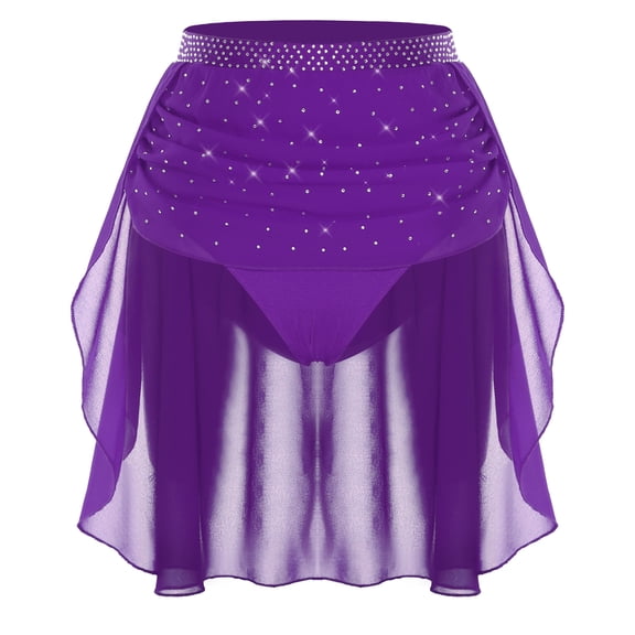 inlzdz Womens Modern Dance Skirt High Waist Sparkly Rhinestone Irregular Hem Dancewear for Competition Purple L