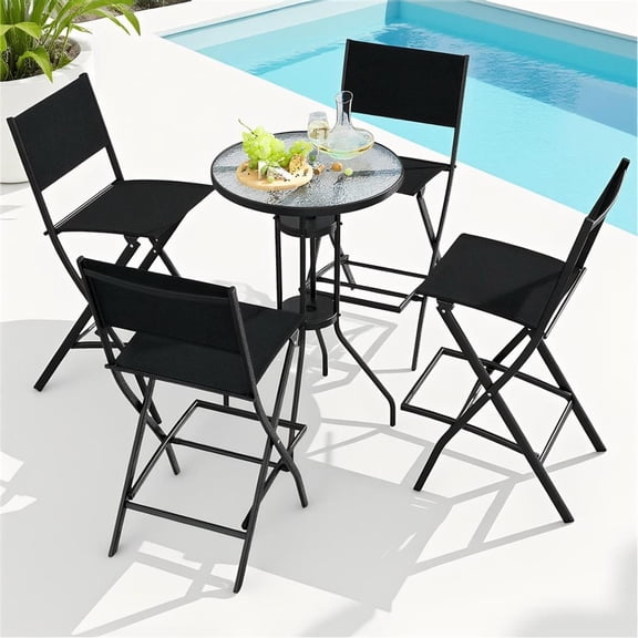 Topcobe Outdoor Folding Bar Height Stool Set of 4 with Metal Frame and Footrest, Outdoor Patio Furniture for Garden Backyard Pool Deck-Black