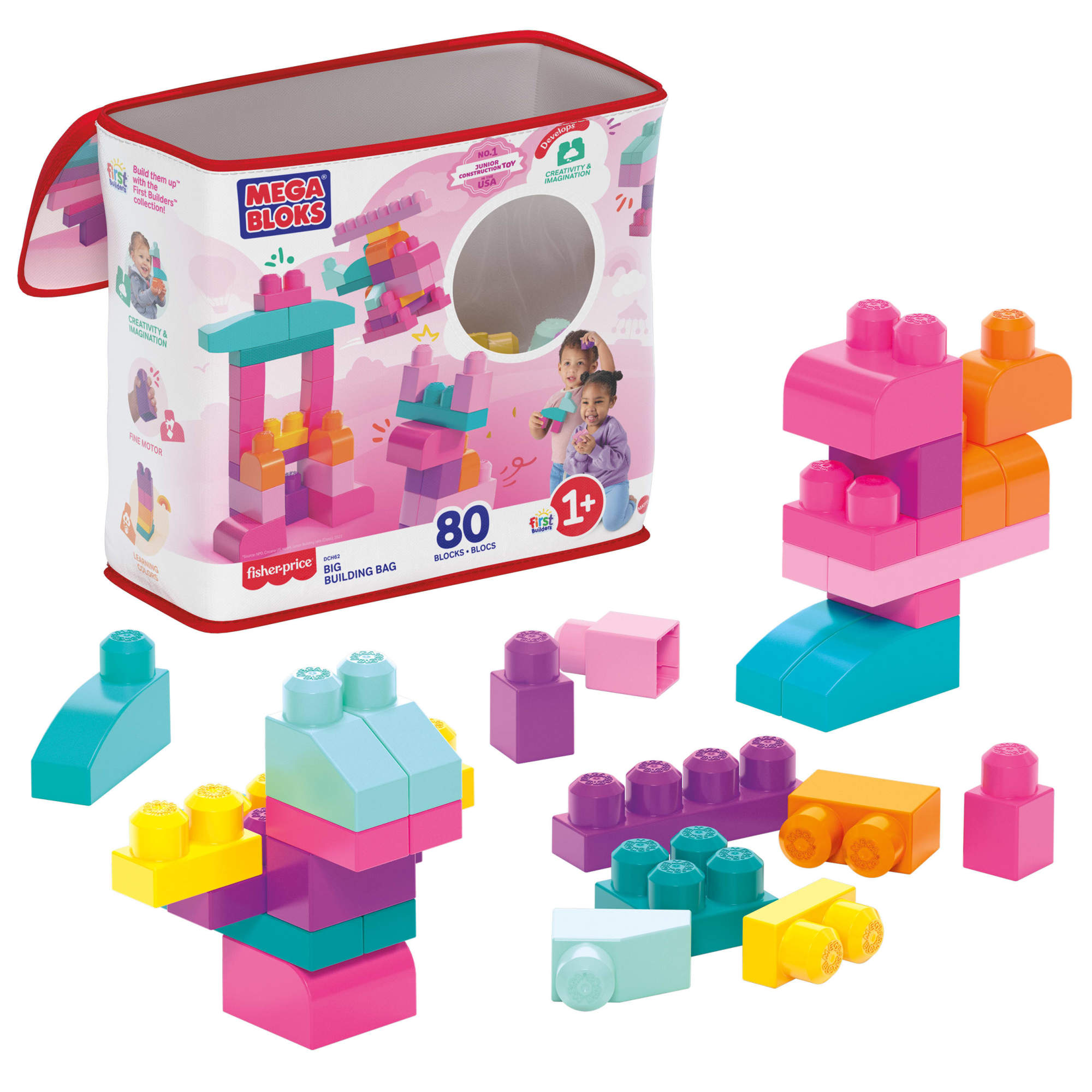 Mega Bloks Fisher-Price Big Building Bag, 80 Pieces, Pink photo 1