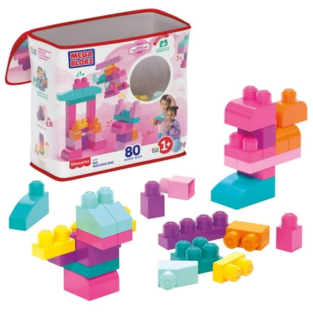 MEGA BLOKS Fisher-Price Toy Blocks Big Building Bag with Storage (80 Pieces) for Toddler, Pink