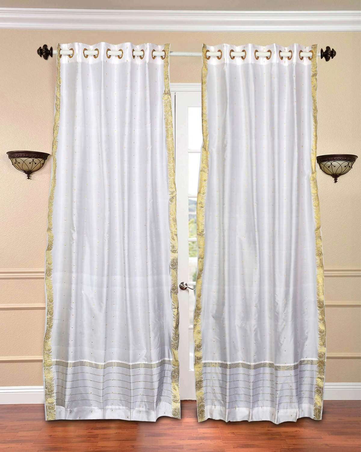 Lined-White Golden Trim Ring Top Sheer Sari Cafe Curtain Drape-43Wx24L ...