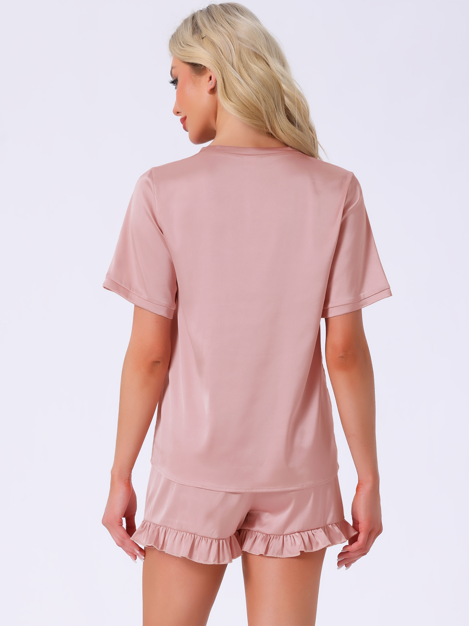 DARING DIVA Silky Satin Short Sleeve Shorts Set V Neck Lounge Pajama Set M Pink
