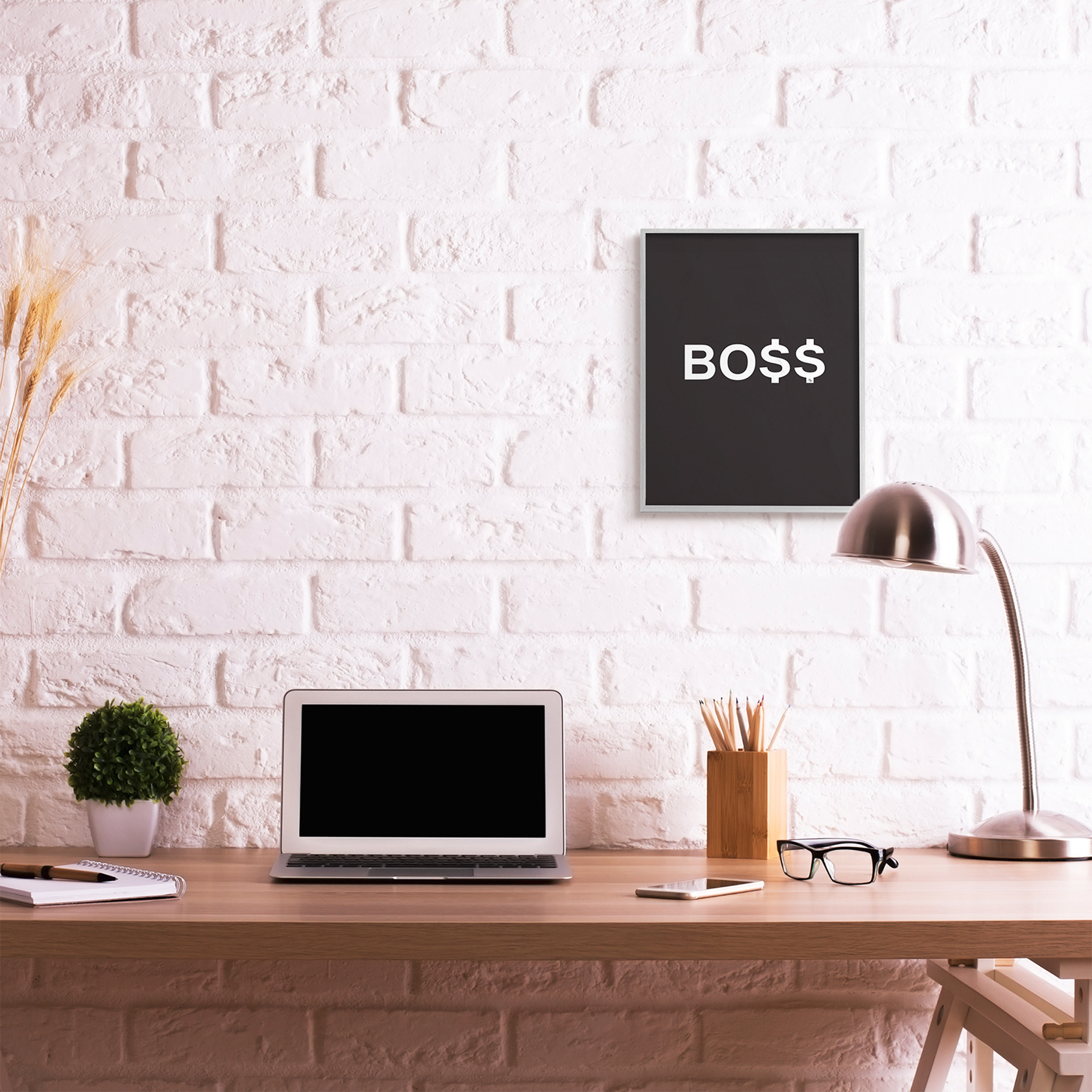 Stupell Industries Boss Text Dollar Signs Minimal Black White Typography Painting Gray Framed Art Print Wall Art, 16 x 20