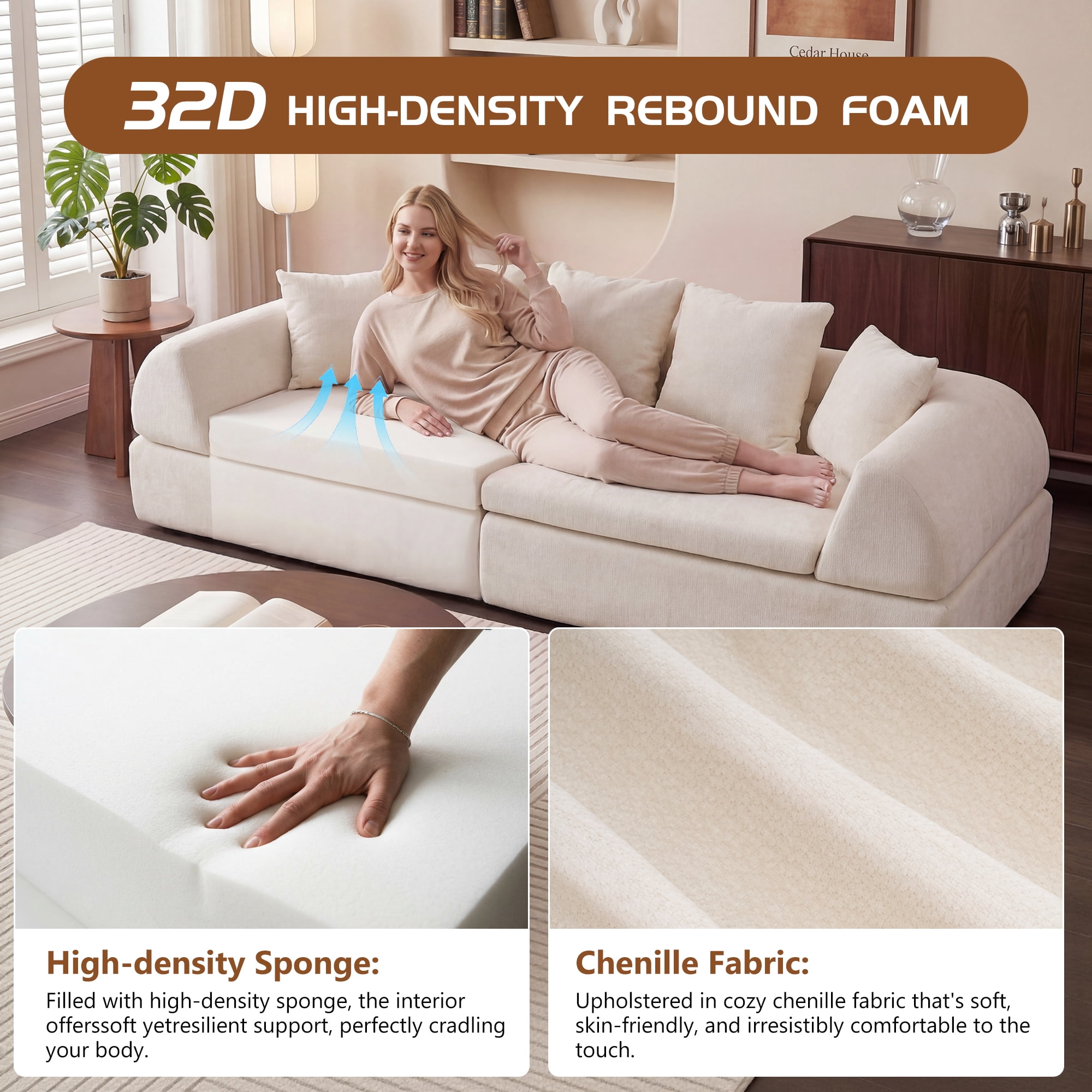 104" Modular Cloud Sectional Sofa with Reversible Ottoman, Vibrant Orange Boneless Couch with Extra Deep Seating