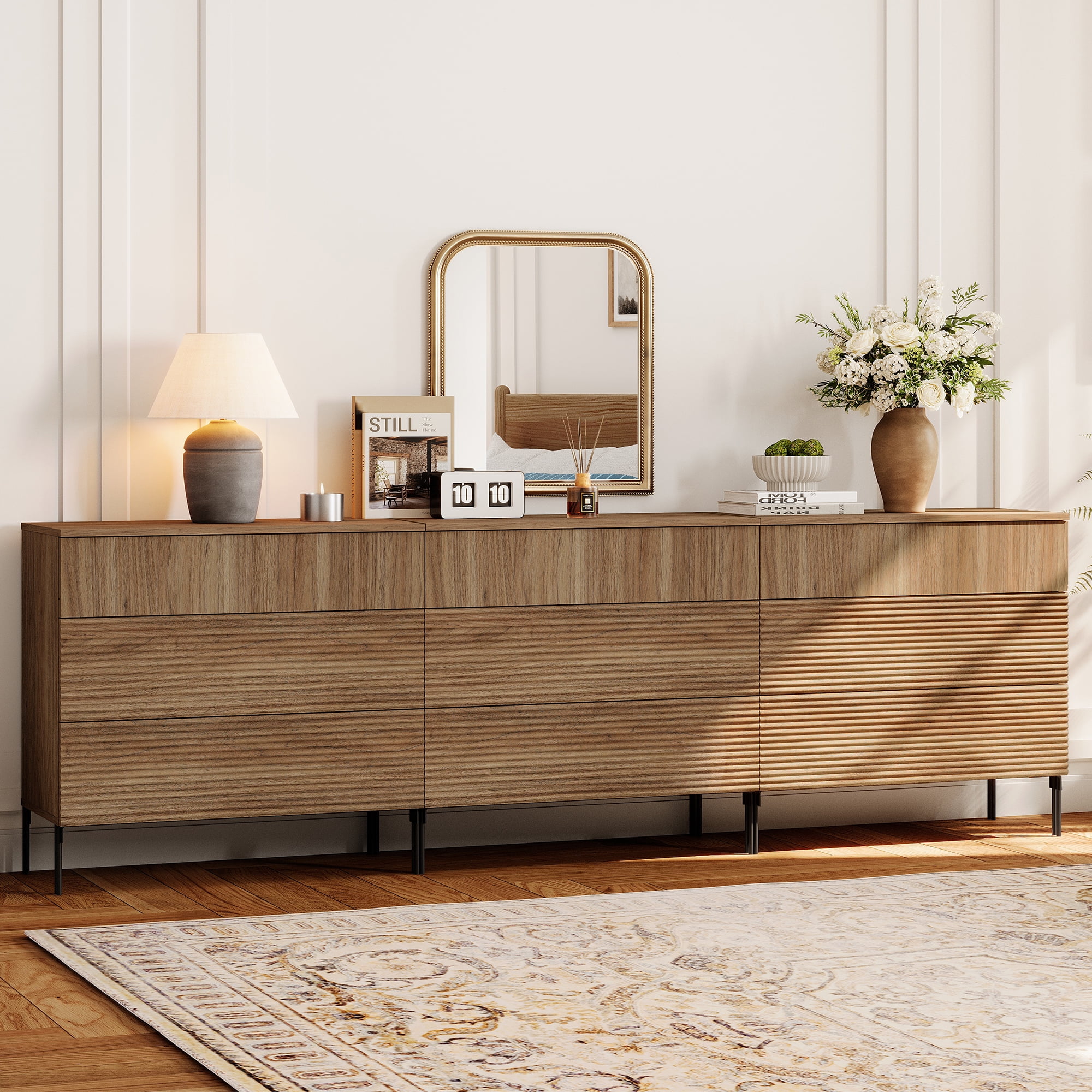 94.5" Wood Accent Chest Set with Drawers, Modern Credenza Storage Cabinet with Reeded Design for Living Room, Kitchen, Dining Room, Hallway