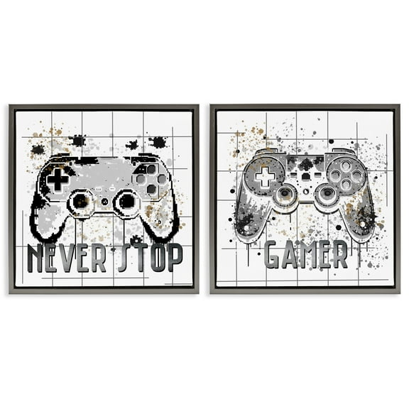 Stupell Industries Gamer Words with Modern Pixels 2 Piece Gray Framed Floater Canvas Set, design by Kim Allen