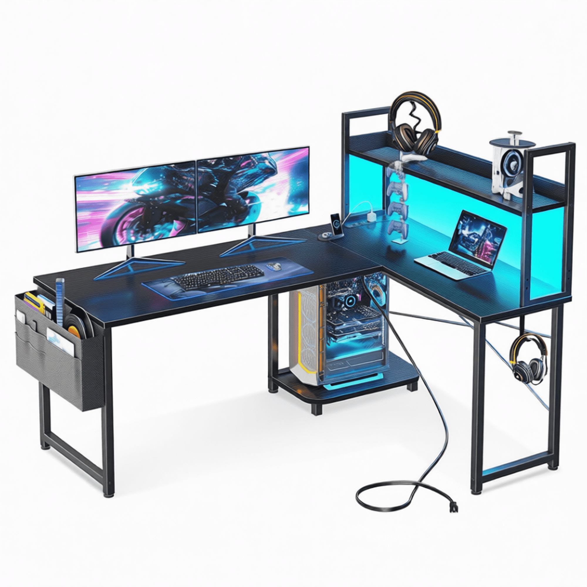 LRAIN L Shaped Gaming Desk with Hutch Power Outlet and LED Lights Ergonomic Computer Table for Home Office