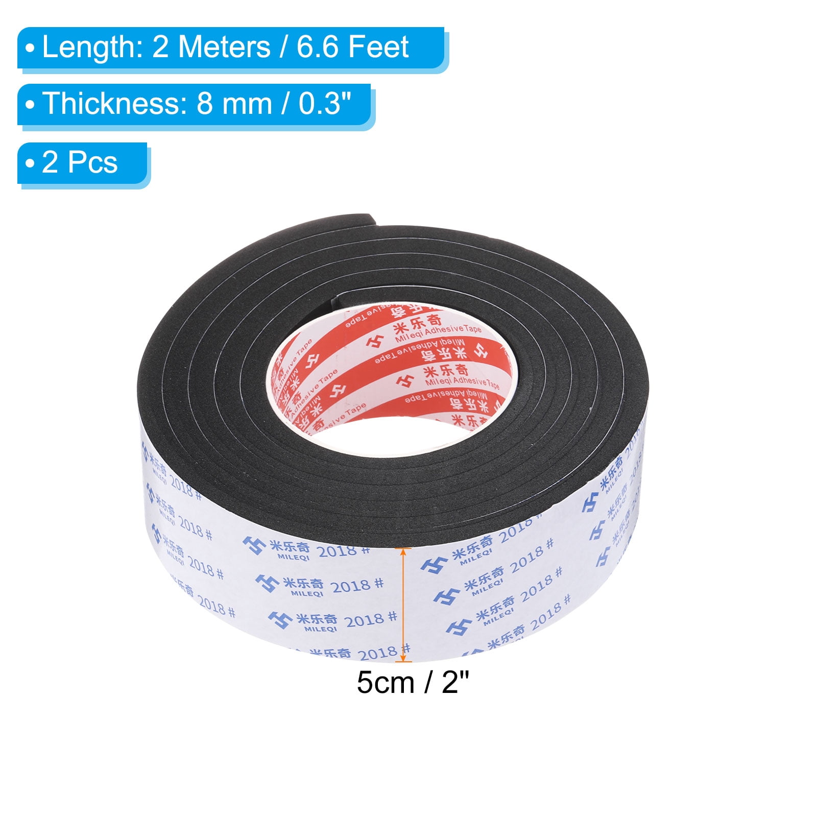 REGALWOVEN 2m/6.6ft Sealing Foam Tape 5cm Wide 8mm Thick Single Sided Weather Stripping Door Seal Strip Black, 2Roll