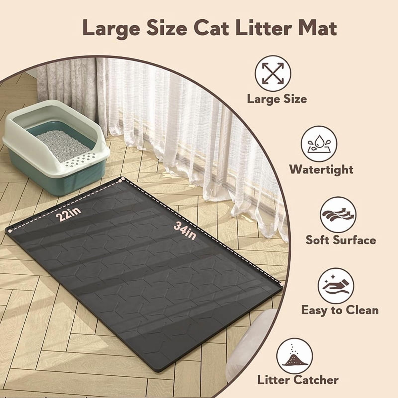 FACCAIL Silicone Cat Litter Trapping Mat, Waterproof/Urineproof Cat Litter Box Mat, Cat Litter-Collecting Pad for Floor, Soft & Pet-Friendly (34"x 22"- Black)