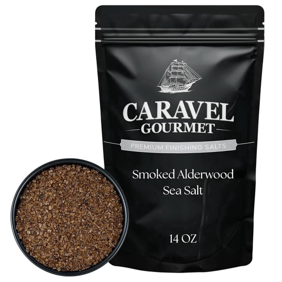 Caravel Gourmet Smoked Alderwood Coarse Sea Salt, Smoky Gourmet Salt for Grilling and Cooking, 14 oz Pouch