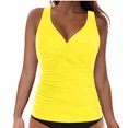 thumbnail image 3 of AHTJRT Women's Tankini Tops Ruched Deep V Neck Swim Tops with Chest Pad Crisscross Adjustable Spaghetti Straps Bathing Suit Tops Yellow XL, 3 of 6
