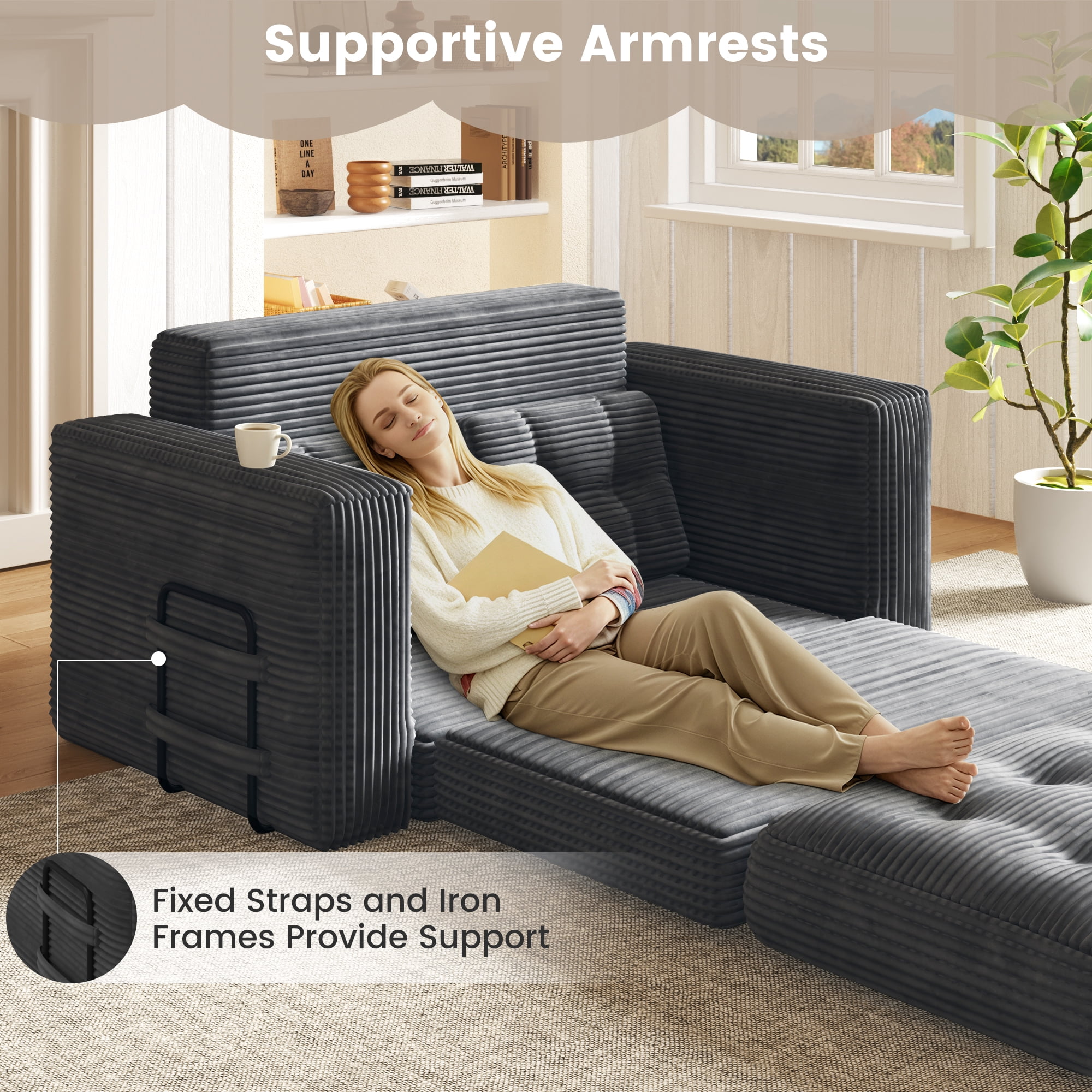 Erinnyees 2-in-1 Sleeper Sofa, No Assembly Corduroy Loveseat, Converts to Bed with Deep Seat & 2 Included Pillows