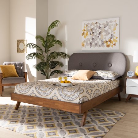 Pakwa Mid-Century Modern Solid Walnut Wood Fabric Upholstered Platform Bed  Multiple Sizes  Multiple Colors by Bellamy Studios