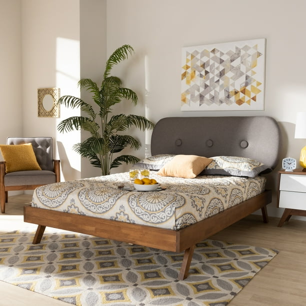 Pakwa MidCentury Modern Solid Walnut Wood Fabric Upholstered Platform