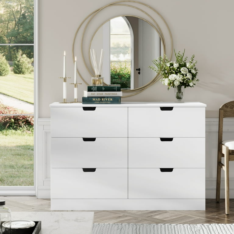 Homfa 6 Drawer White Double Dresser,Wood Storage Cabinet for Living Room,  Chest of Drawers for Bedroom