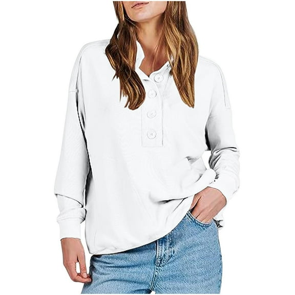 Kaemgyyd Sweatshirts for Womens Long Sleeve Lapel V Neck Solid Color Oversized Tops Button Casual Basic Pullover