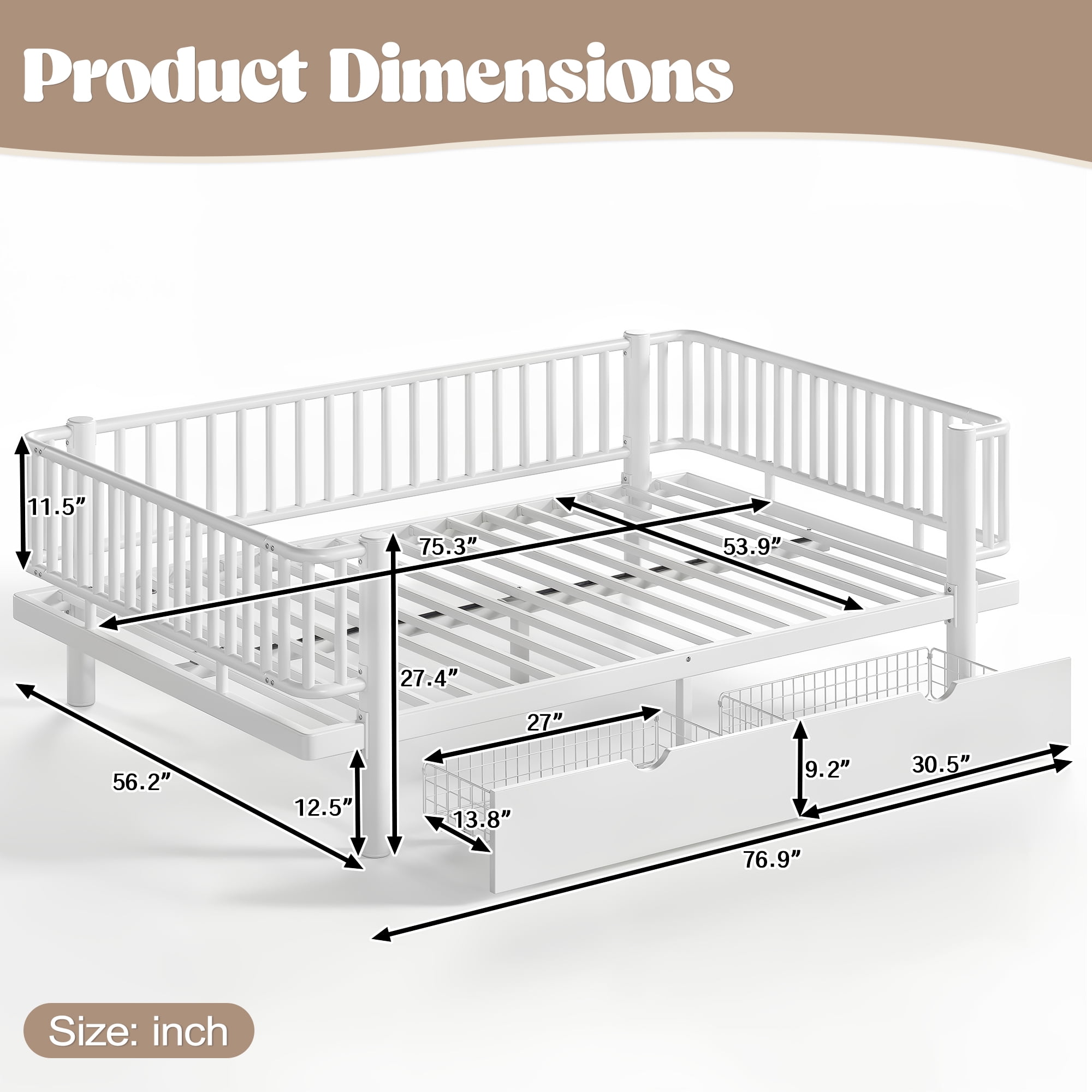 Full Size Metal Platform Bed Frame with Under Bed Storage Drawers, White Round Pipe Reinforced Daybed, Low Profile Mattress Foundation No Box Spring Needed, Max 600 LBS for Bedroom Guest Room