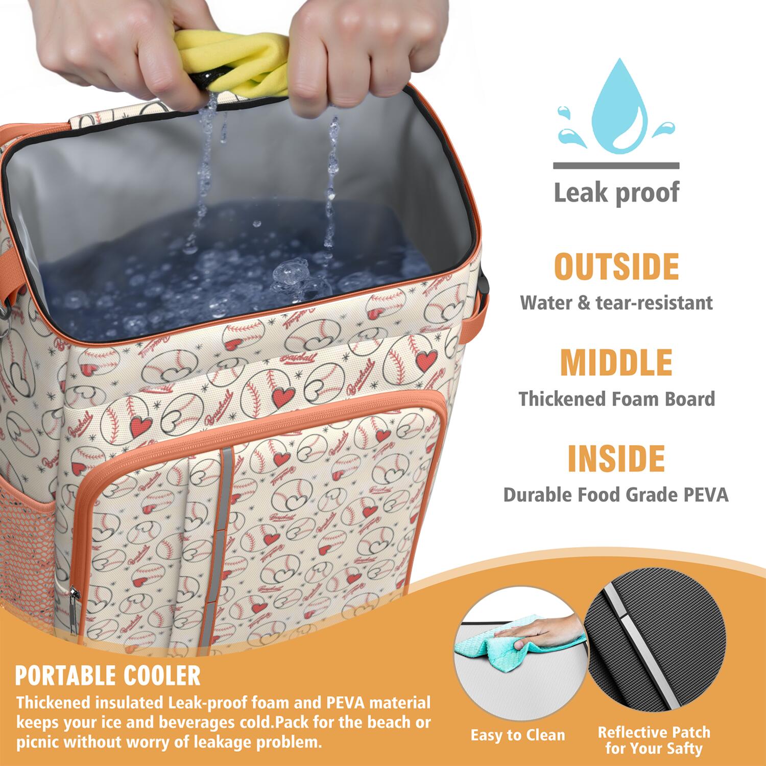 Travel Cooler Bag - Baseball Heart Pattern Camping Beer Cooler Backpack with Bottle Opener- Waterproof Insulated Picnic Backpacks - Cooler Bag for Beach