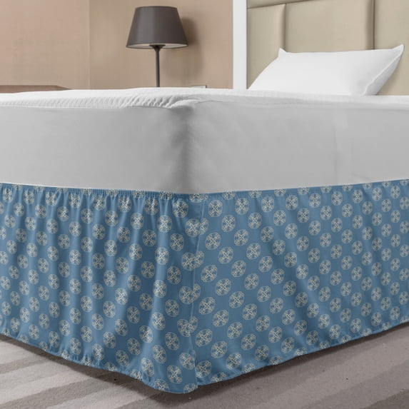 Geometric Bed Skirt, Geometric Circular Shapes with Floral Details in Middle Pastel Toned Pattern, Elastic Bedskirt Dust Ruffle Wrap Around for Bedding Decor, 4 Sizes, Slate Blue Tan, by Ambesonne