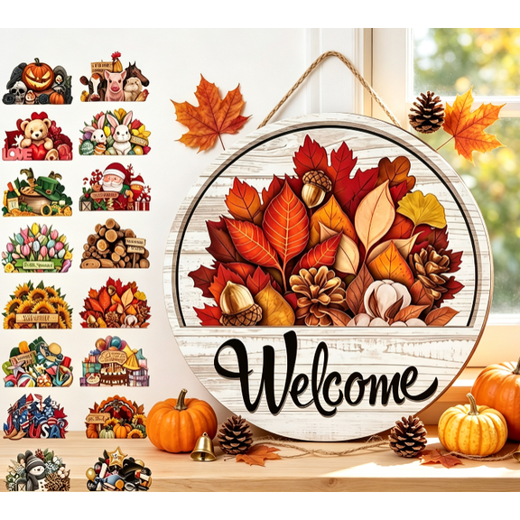 16 Pcs Interchangeable Welcome Sign for Front Door,Magnetic Seasonal Wood Hanging Sign with 16 Changeable Icons, Rustic Farmhouse Wreath Decor for Holidays and Housewarming