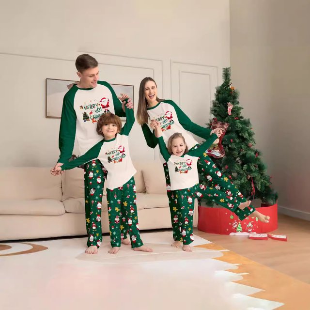 Nuevo traje navideño para padres e hijos, cuello redondo verde, estampado, cómodo, para usar arriba y abajo, para adultos en casa